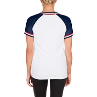 T-shirt blanc à col en V raglan double reliure jersey New Era des Braves d'Atlanta pour femme