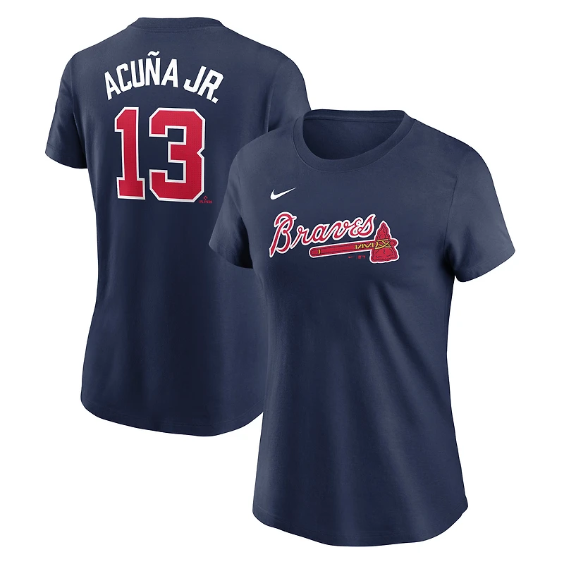 T-shirt Nike pour femme Ronald Acuña Jr. bleu marine Atlanta Braves Cooperstown Collection Fuse avec nom et numéro
