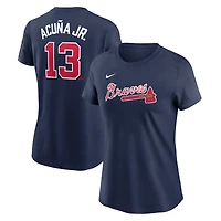 T-shirt Nike pour femme Ronald Acuña Jr. bleu marine Atlanta Braves Cooperstown Collection Fuse avec nom et numéro