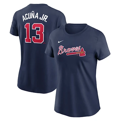 T-shirt Nike pour femme Ronald Acuña Jr. bleu marine Atlanta Braves Cooperstown Collection Fuse avec nom et numéro