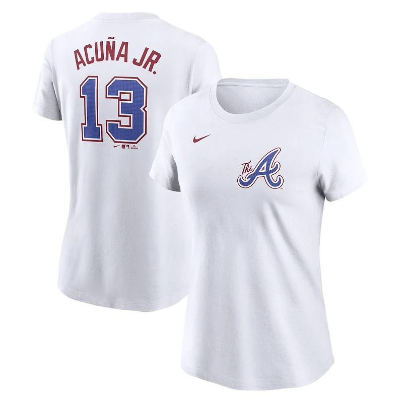 T-shirt Nike Ronald Acuña Jr. pour femme, blanc, avec nom et numéro City Connect Fuse des Braves d'Atlanta 2024
