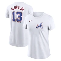 T-shirt Nike Ronald Acuña Jr. pour femme, blanc, avec nom et numéro City Connect Fuse des Braves d'Atlanta 2024