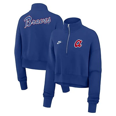 Sweat-shirt en molleton demi-zippé Nike Royal Atlanta Braves Cooperstown Collection Phoenix pour femme