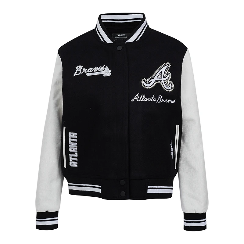 Women's Pro Standard Black Atlanta Braves Pearls Rib Wool Full-Zip Varsity Jacket
