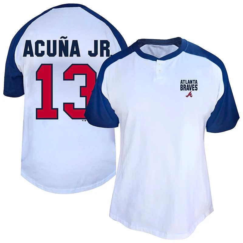 Women's Profile Ronald Acuña Jr. White Atlanta Braves Plus Name & Number Raglan Henley T-Shirt