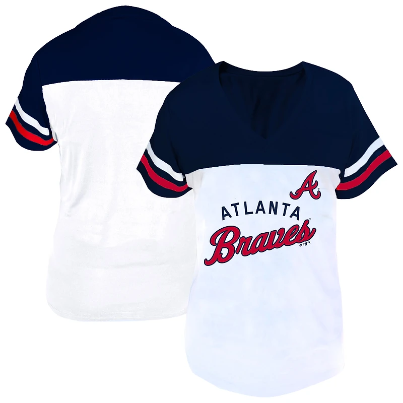 Profil femme T-shirt à col en V blanc/marine Atlanta Braves grande taille deux bandes