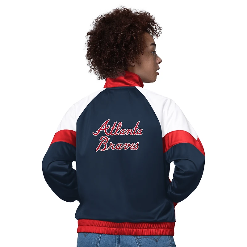 Veste de survêtement blanche/rouge à fermeture éclair intégrale pour femme des Braves d'Atlanta Teamwork Raglan