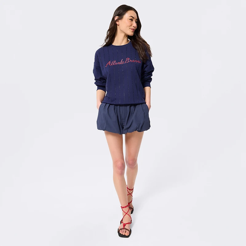 Women's Terez Navy Atlanta Braves Gemstone Stripe Logo Crewneck Sweatshirt