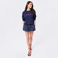 Women's Terez  Navy Atlanta Braves Gemstone Stripe Logo Crewneck Sweatshirt