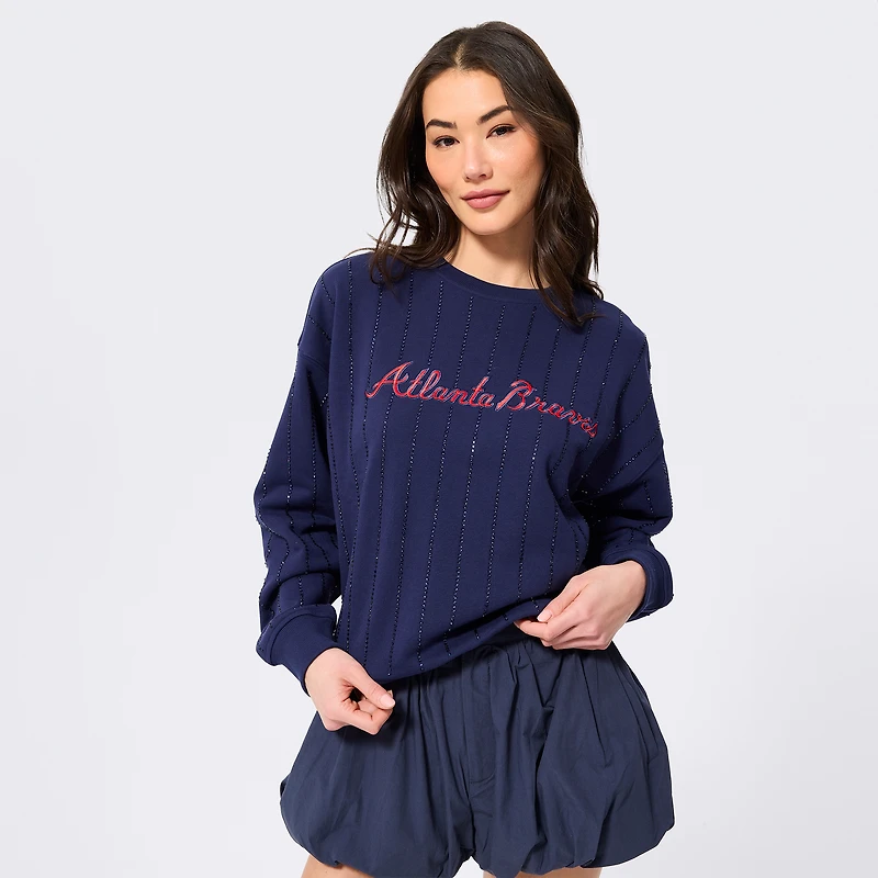 Women's Terez Navy Atlanta Braves Gemstone Stripe Logo Crewneck Sweatshirt
