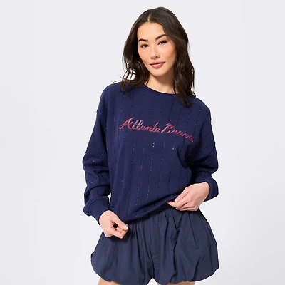 Women's Terez  Navy Atlanta Braves Gemstone Stripe Logo Crewneck Sweatshirt