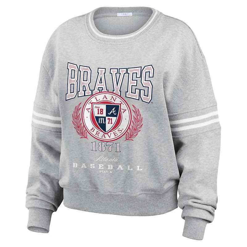 Women's WEAR by Erin Andrews Heather Gray Atlanta Braves Domestic Crest Pullover Sweatshirt