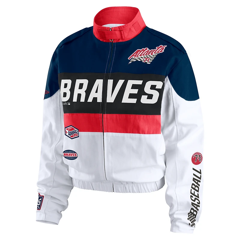 Veste zippée intégrale WEAR by Erin Andrews bleu marine/blanc des Atlanta Braves Racing pour femme