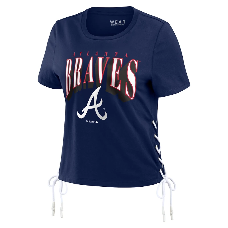 Women's WEAR by Erin Andrews Navy Atlanta Braves Side Lace-Up Cropped T-Shirt