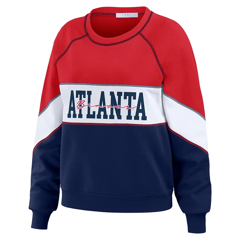 Women's WEAR by Erin Andrews Red/Navy Atlanta Braves Color Block Crew Neck Pullover Sweatshirt