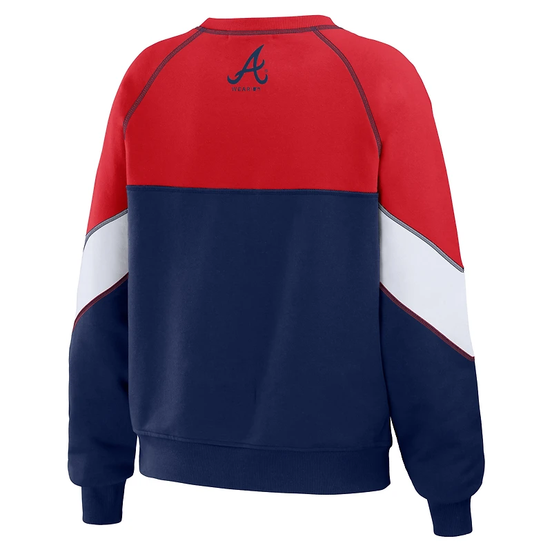 Women's WEAR by Erin Andrews Red/Navy Atlanta Braves Color Block Crew Neck Pullover Sweatshirt