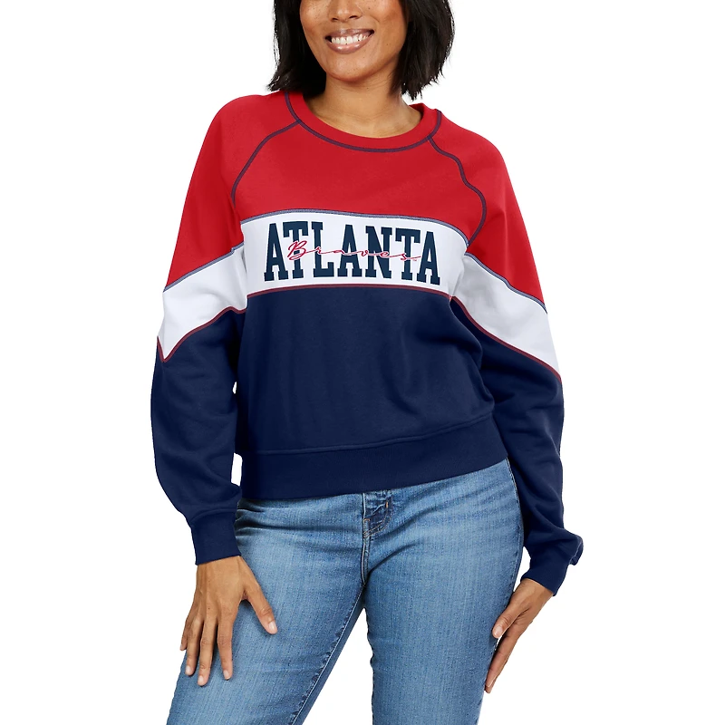 Women's WEAR by Erin Andrews Red/Navy Atlanta Braves Color Block Crew Neck Pullover Sweatshirt