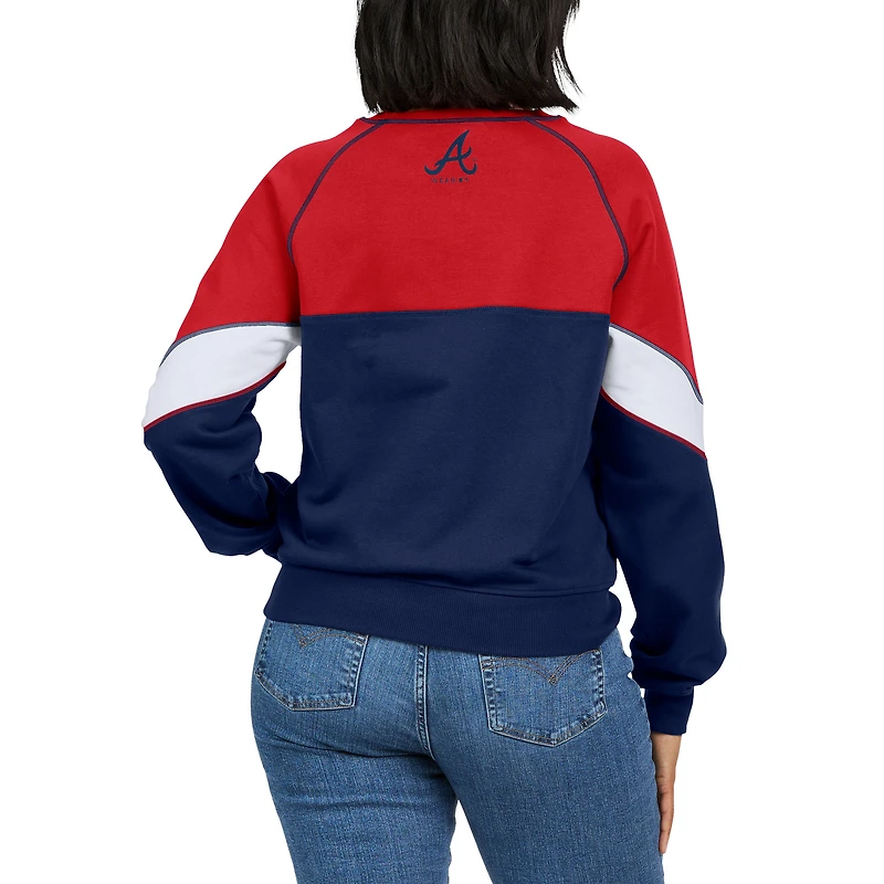 Women's WEAR by Erin Andrews Red/Navy Atlanta Braves Color Block Crew Neck Pullover Sweatshirt
