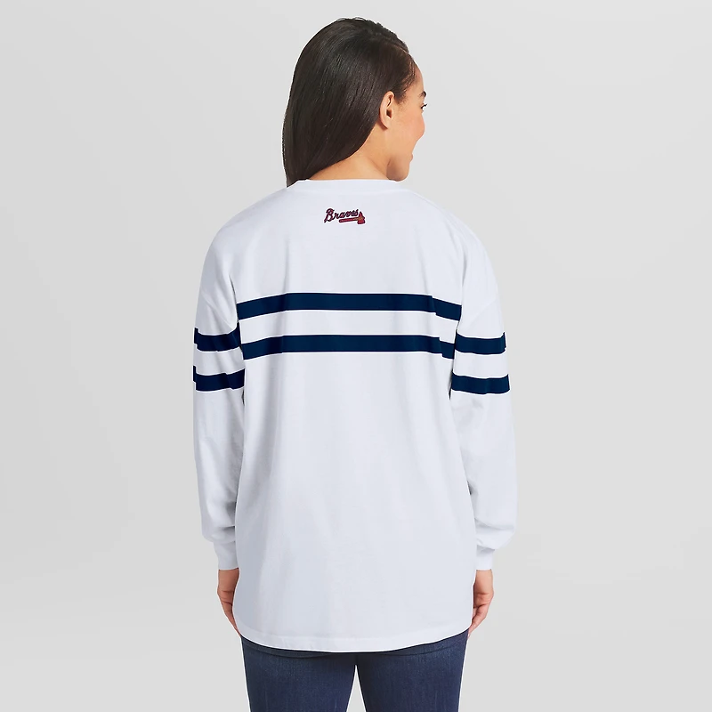 Women's WEAR by Erin Andrews White Atlanta Braves Oversized Long Sleeve Striped T-Shirt
