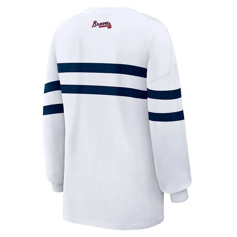 Women's WEAR by Erin Andrews White Atlanta Braves Oversized Long Sleeve Striped T-Shirt