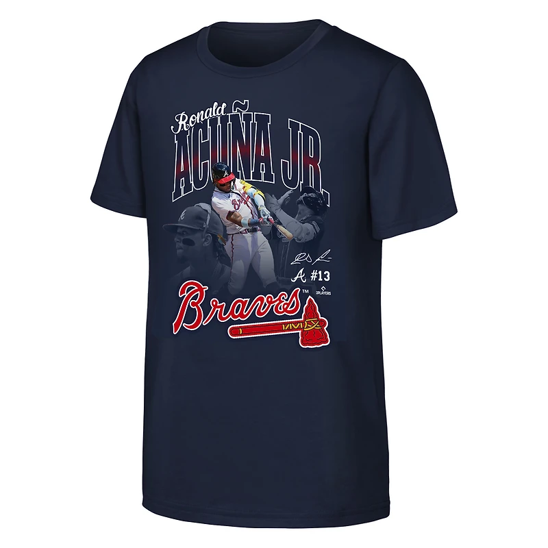 T-shirt graphique Ronald Acuña Jr. bleu marine pour jeunes de Outerstuff, avec trois joueurs des Braves d'Atlanta