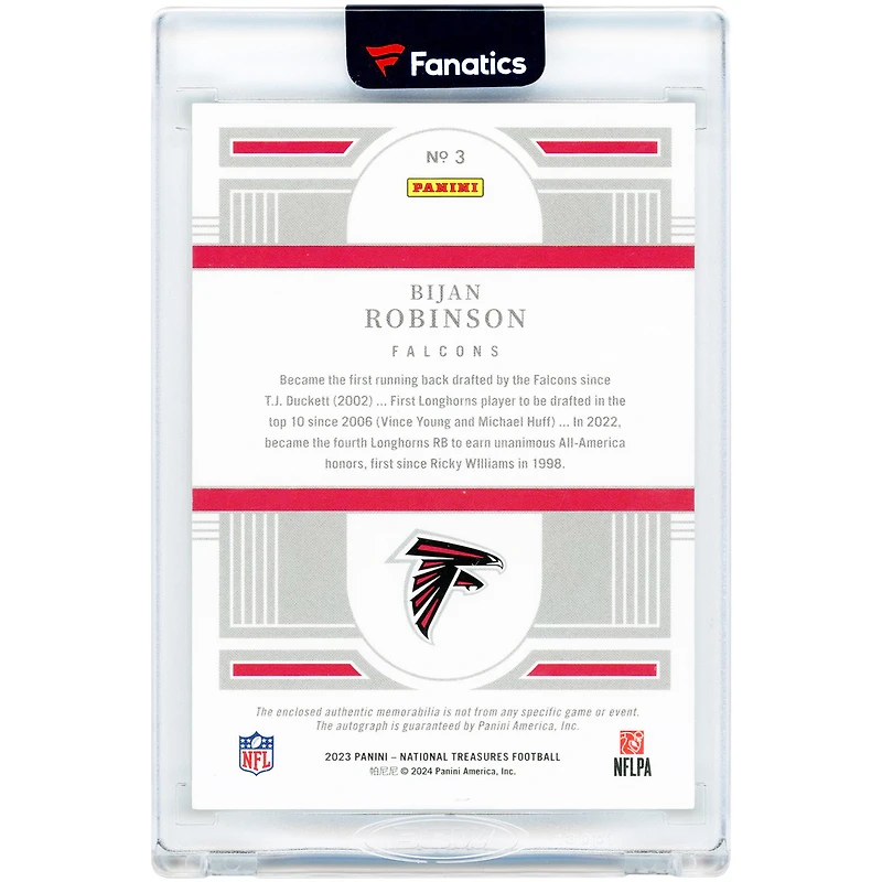 Bijan Robinson Atlanta Falcons Autographed 2023 Panini National Treasures Emerald Jumbo Two-Color Relic #3 #2/7 Rookie Card