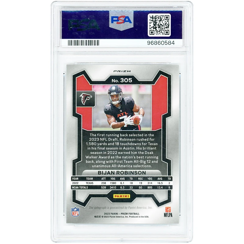 Bijan Robinson Atlanta Falcons Autographed 2023 Panini Prizm Silver Prizm #305 PSA Authenticated 9 Rookie Card