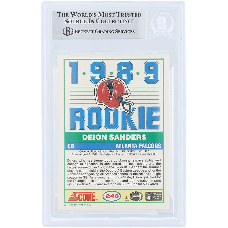 Carte de recrue autographiée de Deion Sanders (Atlanta Falcons), 1989, Score #246, authentifiée par Beckett Fanatics Witnessed