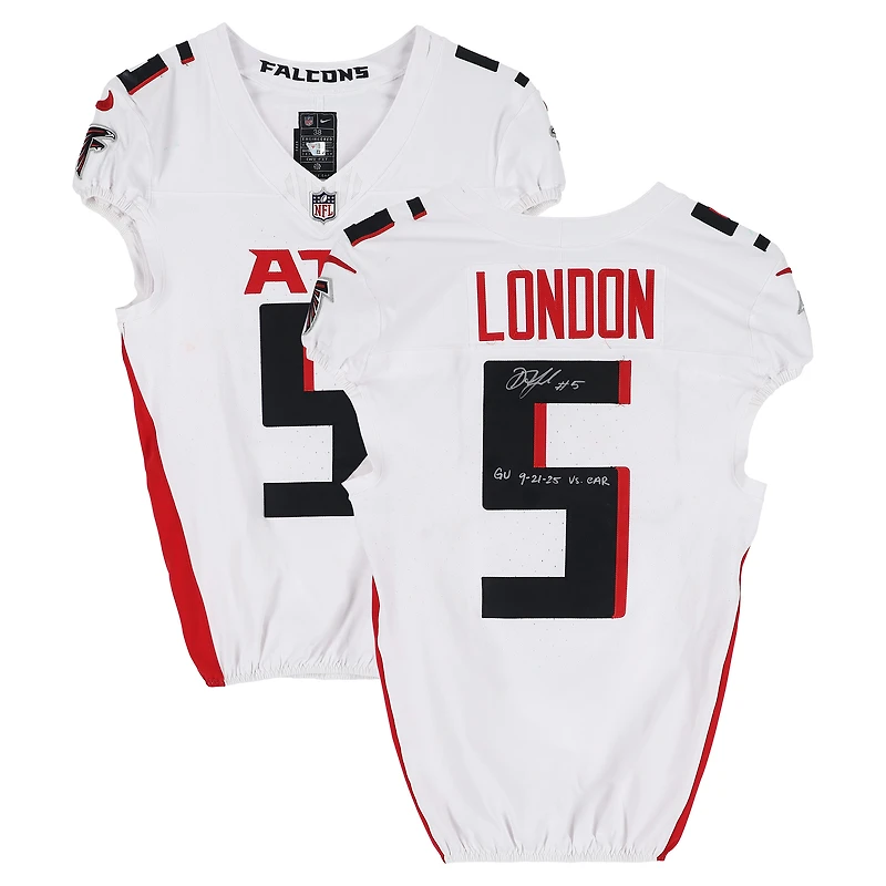 Drake London Atlanta Falcons Autographed Game-Used #5 White Nike Jersey vs. Carolina Panthers on September 21, 2025 with "GU 9-21-21 vs. CAR" Inscription
