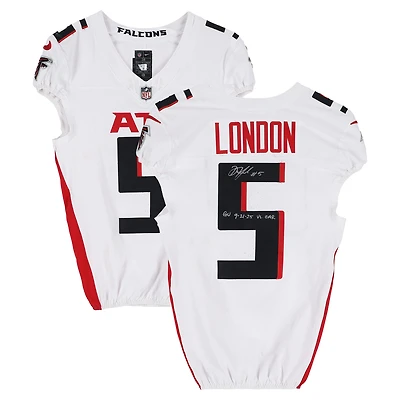 Maillot blanc Nike n° 5 des Atlanta Falcons, porté et autographié par Drake London lors du match contre les Carolina Panthers le 21 septembre 2025, avec l'inscription « GU 9-21-21 vs. CAR ».