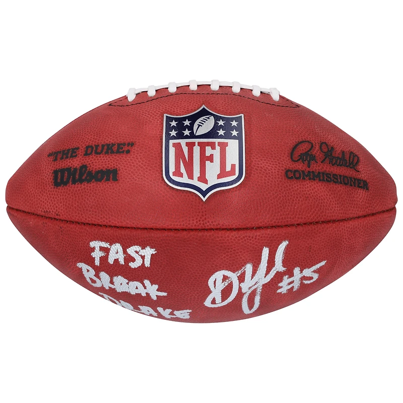 Ballon de football américain Wilson Duke en couleur, autographié par Drake London des Atlanta Falcons, avec inscription « Fast Break Drake ».