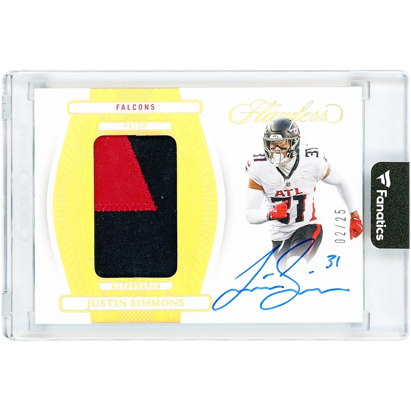 Carte autographiée de Justin Simmons (Atlanta Falcons) 2024 Panini Flawless Holo Gold Patch Dual-Color Relic #PA-JSS #2/25