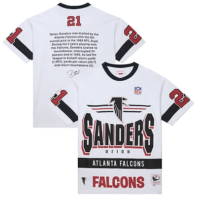 Men's Mitchell & Ness Deion Sanders White Atlanta Falcons Name Number Team Origins Vintage Logo T-Shirt