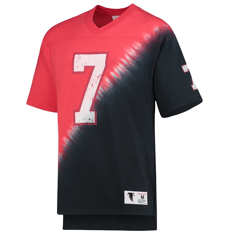 T-shirt Mitchell & Ness Michael Vick noir et rouge, Atlanta Falcons, joueur retraité, col en V, imprimé tie-dye diagonal