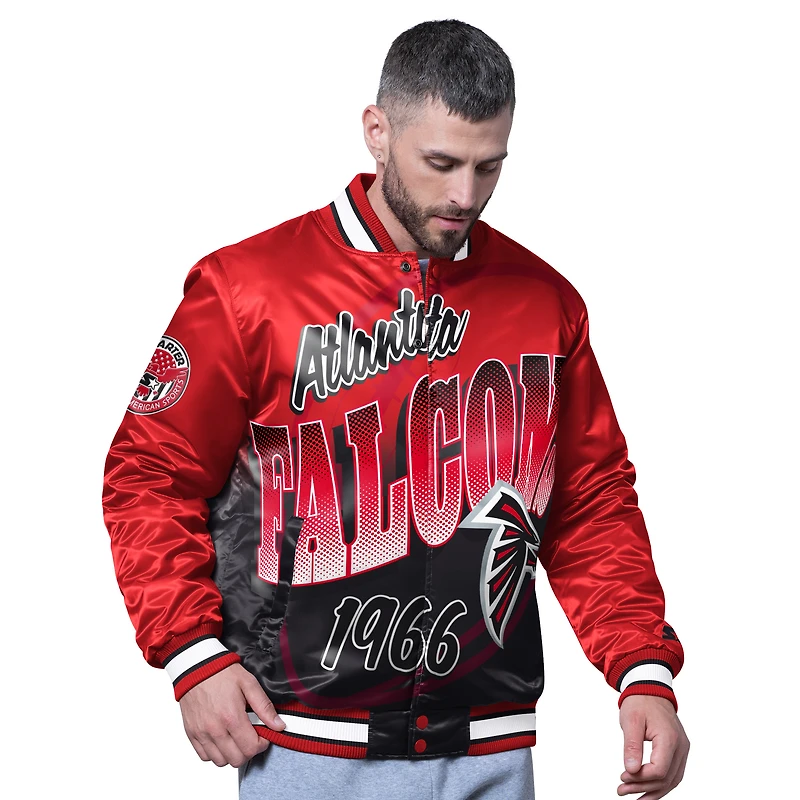 Veste rouge à boutons-pression complète pour homme des Falcons d'Atlanta Pass Rush Varsity