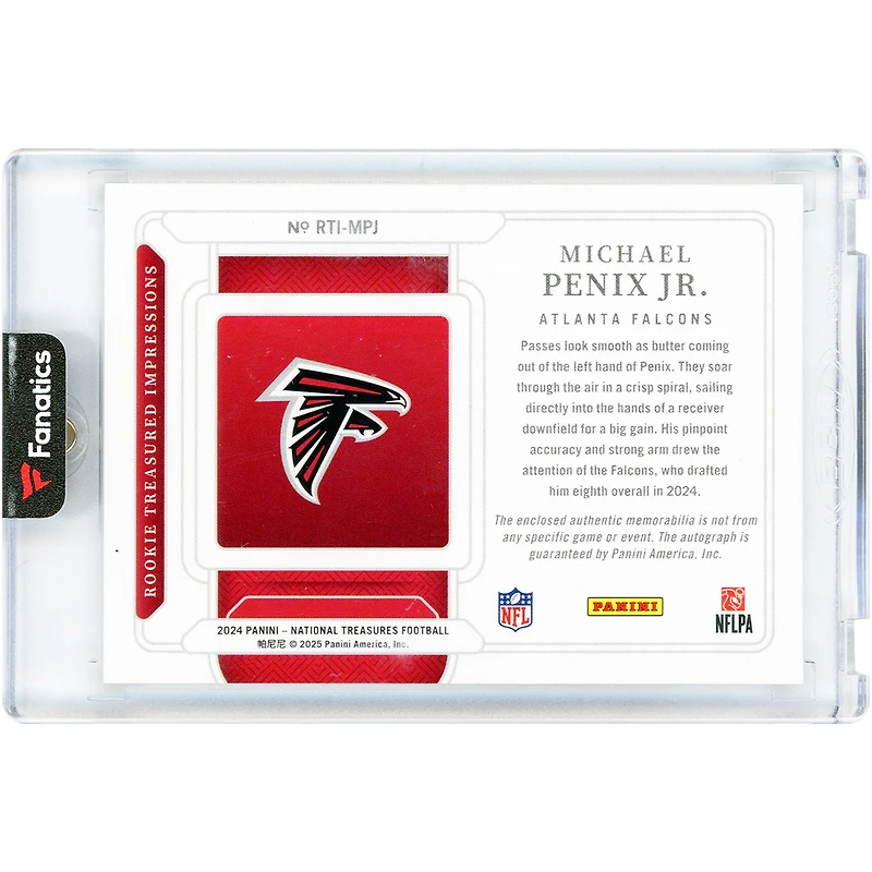 Michael Penix Jr. Atlanta Falcons Autographed 2024 Panini National Treasures Dual-Color Jumbo Relic #RTI-MPJ #67/99 Rookie Card