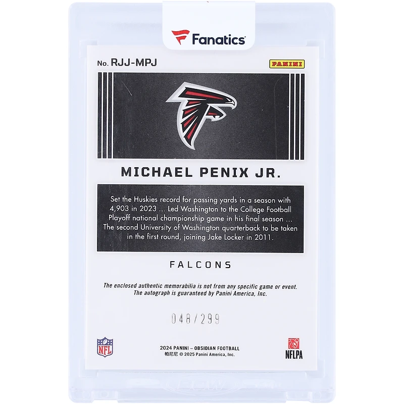 Carte recrue autographiée de Michael Penix Jr. (Atlanta Falcons) 2024 Panini Obsidian Jumbo Relic #RJJ-MPJ #/299