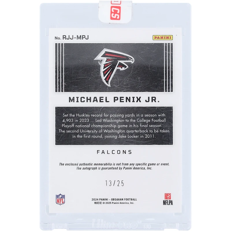 Michael Penix Jr. Atlanta Falcons Autographed 2024 Panini Obsidian Tri-Color Relic Blue #RJJ-MPJ #13/25 Rookie Card