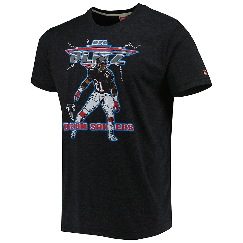 T-shirt unisexe hommage Deion Sanders chiné noir Atlanta Falcons NFL Blitz joueur retraité tri-blend