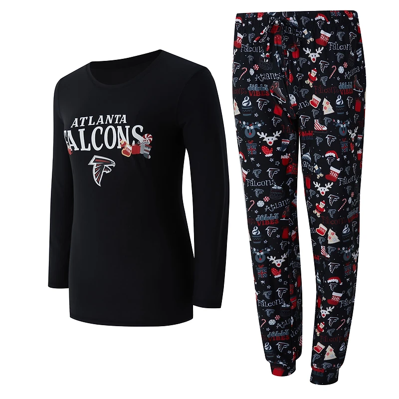 Ensemble de nuit pour femme Concepts Sport Black Atlanta Falcons avec t-shirt à manches longues et pantalon couleur châtain