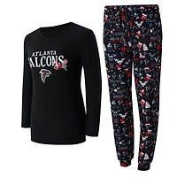 Women's Concepts Sport Black Atlanta Falcons Chesnut Long Sleeve T-Shirt and Pant Sleep Set