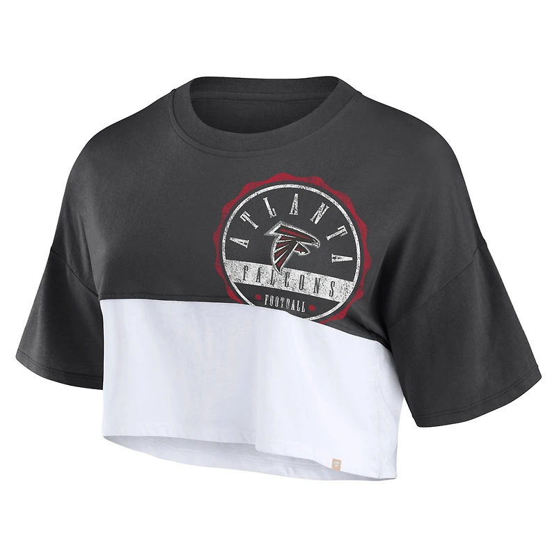 T-shirt court fendu de couleur boxy Fanatics pour femmes, noir/blanc, Atlanta Falcons