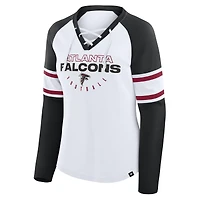 T-shirt à manches longues et col en V lacets raglan pour femme, blanc/noir, motif Atlanta Falcons Redzone Blitz Package