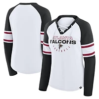 T-shirt à manches longues et col en V lacets raglan pour femme, blanc/noir, motif Atlanta Falcons Redzone Blitz Package