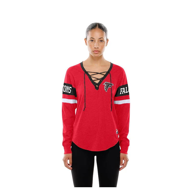 T-shirt à manches longues lacets rétro rouge des Falcons d'Atlanta New Era pour femme