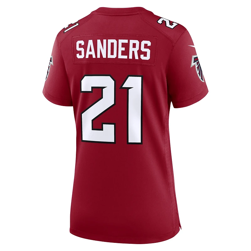 Maillot de match Nike Deion Sanders rouge pour femme, commémorant la retraite d'un joueur des Falcons d'Atlanta.