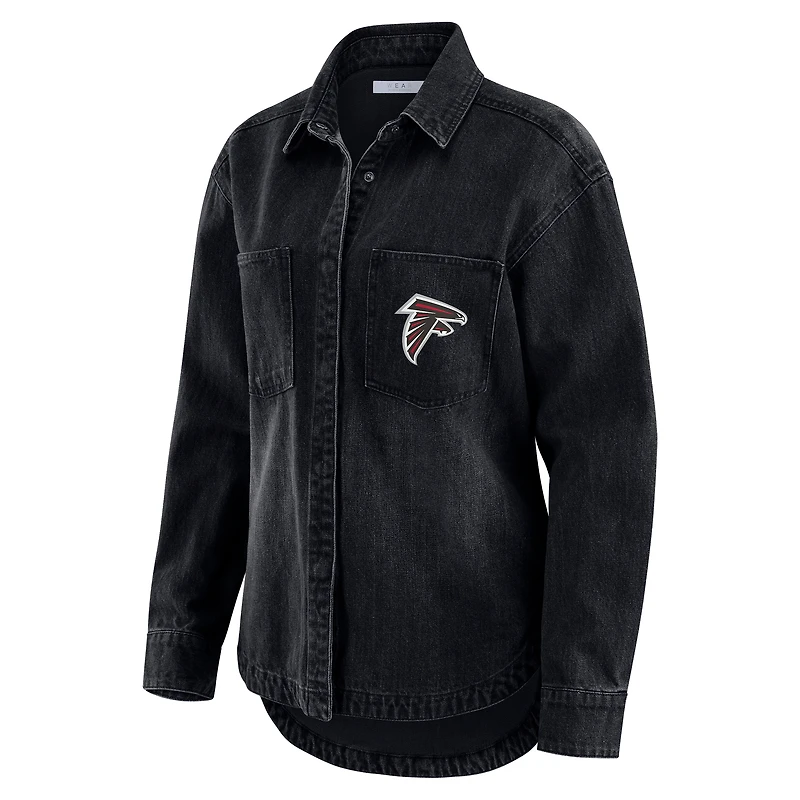 Women's WEAR by Erin Andrews Black Atlanta Falcons Washed Oversized Denim Full-Snap Shacket