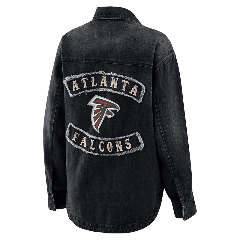 Women's WEAR by Erin Andrews Black Atlanta Falcons Washed Oversized Denim Full-Snap Shacket