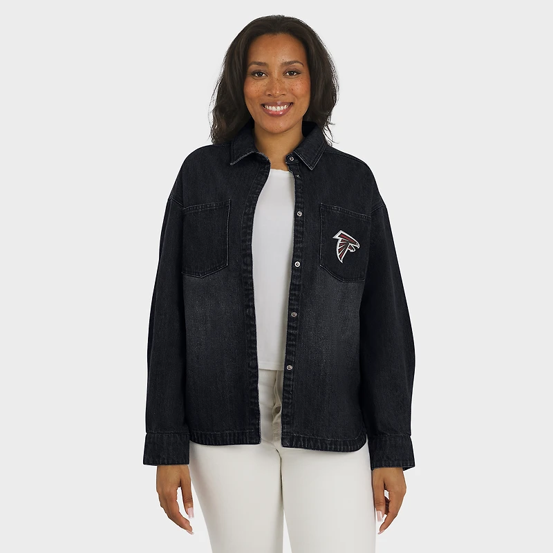 Women's WEAR by Erin Andrews Black Atlanta Falcons Washed Oversized Denim Full-Snap Shacket
