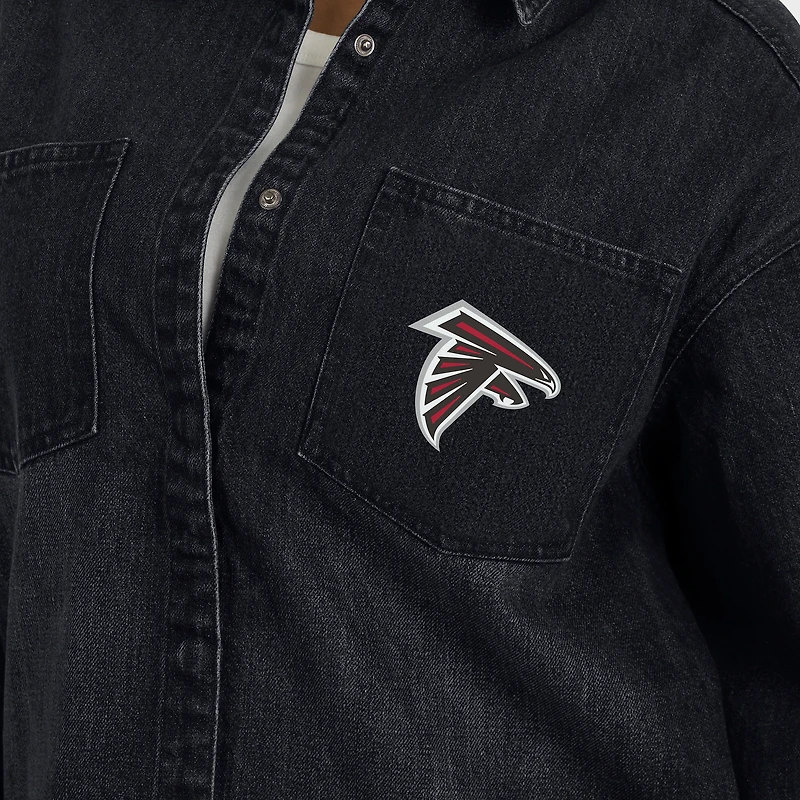 Women's WEAR by Erin Andrews Black Atlanta Falcons Washed Oversized Denim Full-Snap Shacket